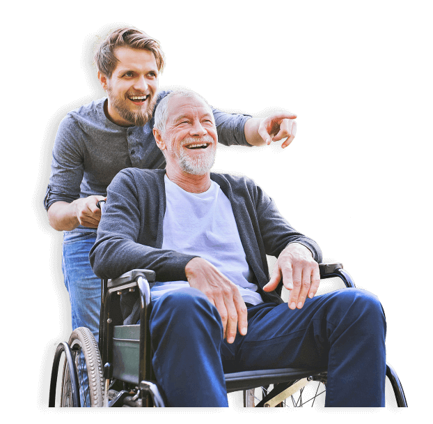 senior man on a wheelchair with a younger man